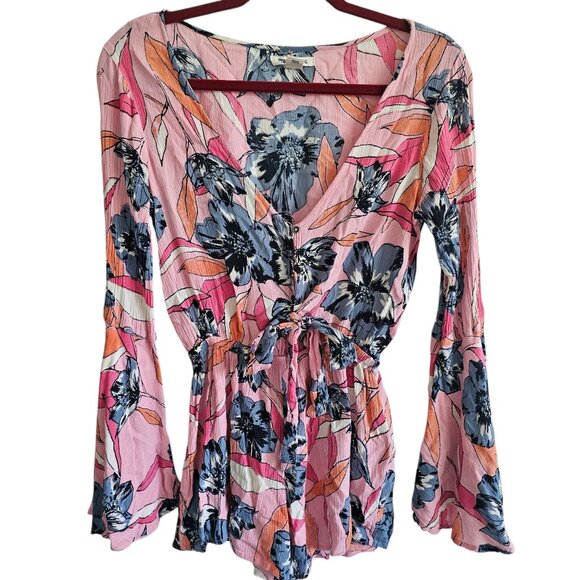 Billabong Romper Shorts Small Floral Pink V-Neck Wide Bell Long Sleeve - Picture 1 of 6